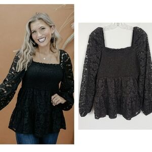 ANDRÉE BY UNIT Lace Floral Square Neckline Balloon Sleeve Blouse Sz M Black Boho